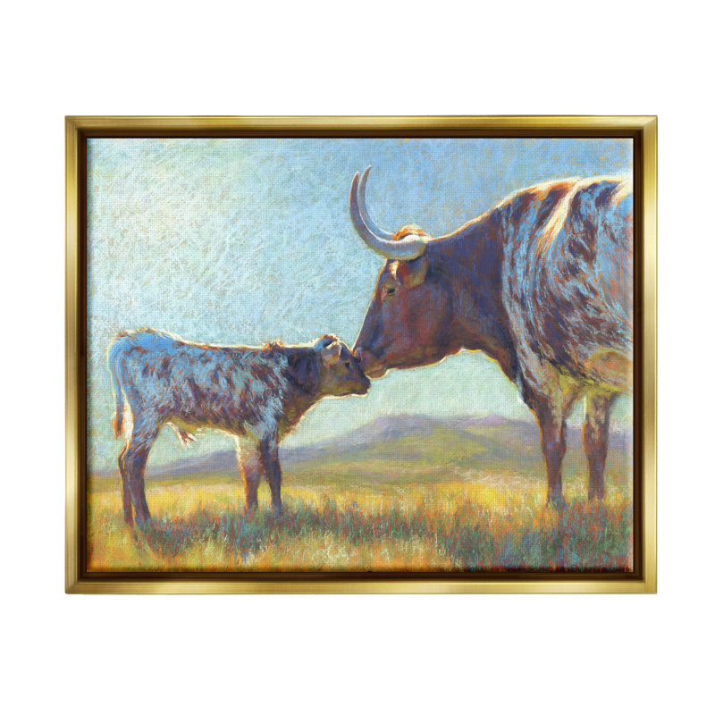Mère, bovin, veau, ferme éclairée par le soleil par Rita Kirkman - peinture à cadre flottant sur toile