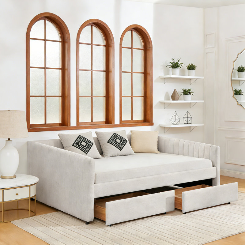 Queen Size Daybed With Two Drawers, Beige
