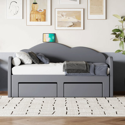 Lit de jour simple tapissier avec dossier en forme de nuage, lit gigogne, 2 tiroirs et ports USB, gris