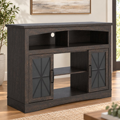 Meuble télé de style ferme 121,3 cm (47,77 po) avec étagères réglables, console télé rétro avec portes vitrées et éclairage DEL, meuble de rangement multimédia pour salon, chambre, cuisine, brun