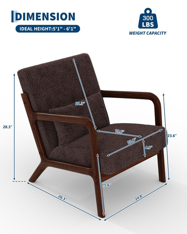 Fauteuil Mid-Century en bois massif, revêtement en sherpa doux avec support lombaire pour le salon, Sherpa brun