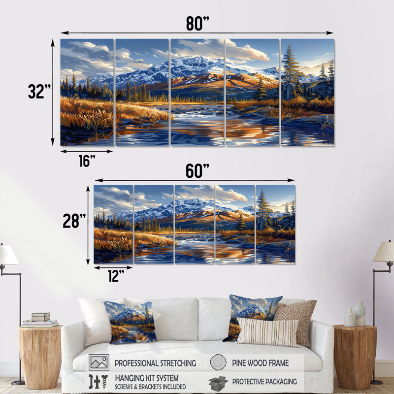 Alaska, parc national de Denali, rivière d'automne I - ensemble de salon d'art mural Alaska, H 28 po x l 60 po