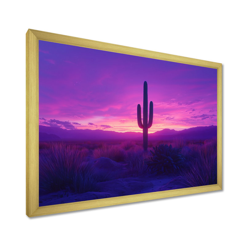 Marquasia, lavande, cactus au crépuscule I - art mural cactus, Cadre simple, H 12 po x l 20 po, Doré