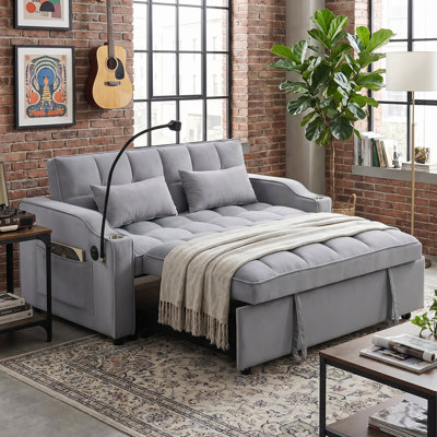 54.7" Modern Velvet Loveseat Futon Sofa Couch with Pull-out Bed, USB Charging, Adjustable Reclining Backrest,Phone Holder