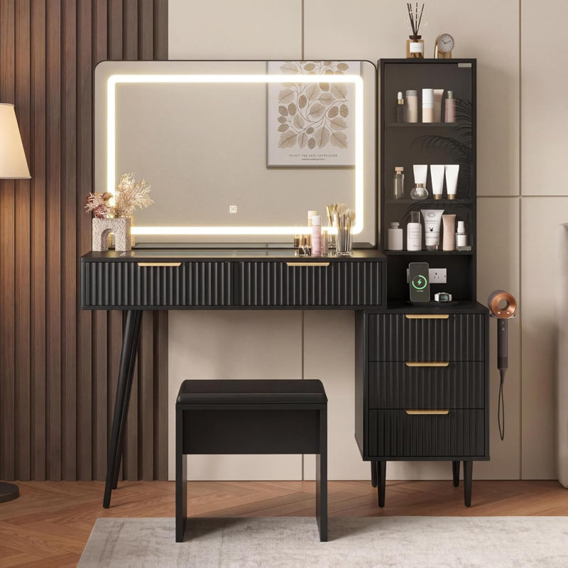 Fluted Vanity Desk with LED Mirror & Lights, 48" Makeup Table with Glass Top, Charging Station & Stool, Black
