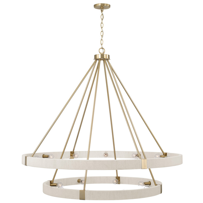 Lustre 20 lumières à deux niveaux de 48 po x H 41 po en laiton mat avec corde naturelle blanchie
