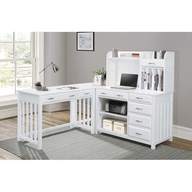 Meuble de bureau moderne et traditionnel avec 2 tiroirs et 2 tiroirs à clavier, Blanc