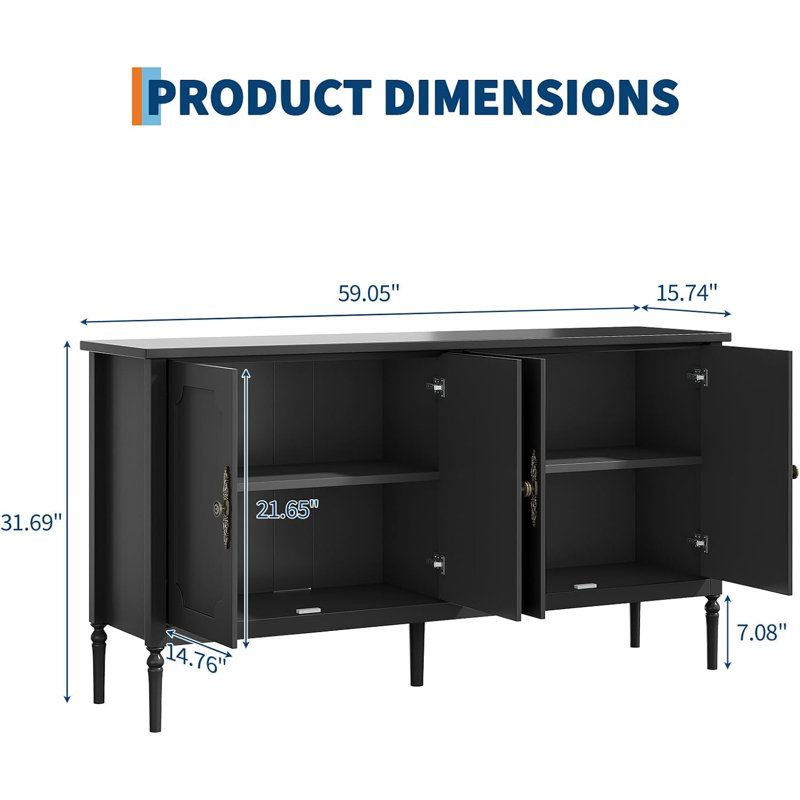 Buffet moderne de 150 cm (59 po), meuble de rangement en bois pour salle à manger, Black