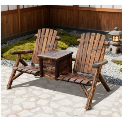 Rustic Wooden Double Adirondack Chairs With Ice Bucket For Outdoor Relaxation