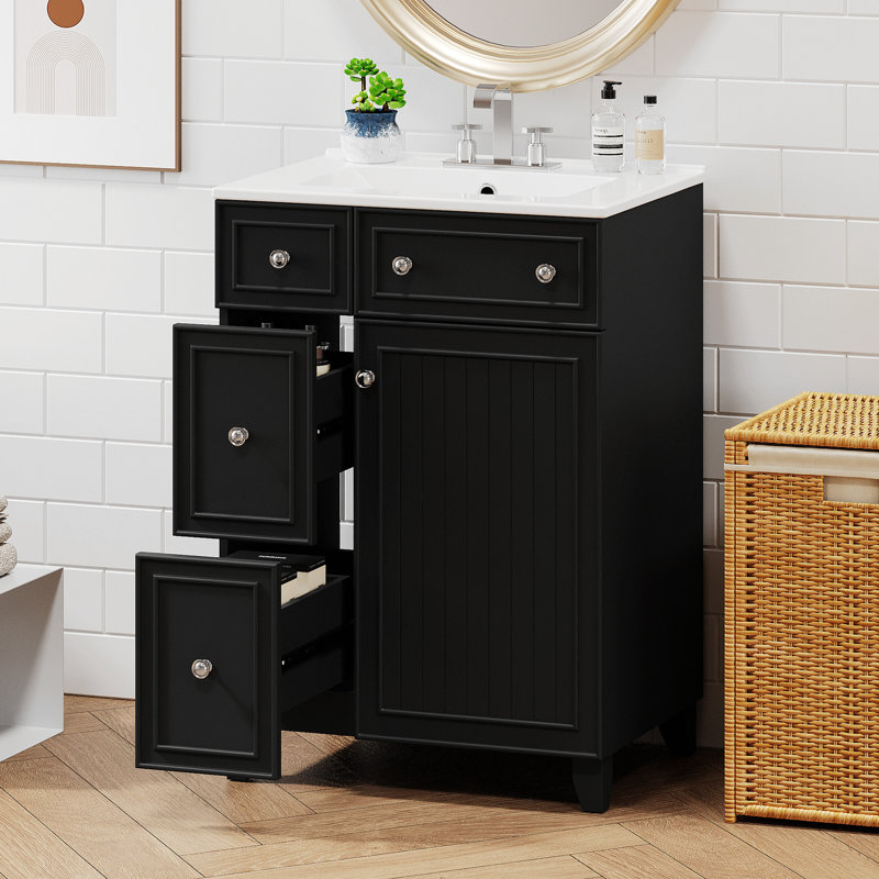 Armoire de meuble-lavabo 24 po avec lavabo en céramique, 2 tiroirs, 1 porte, Noir, noir, noir, noir, Argent argent