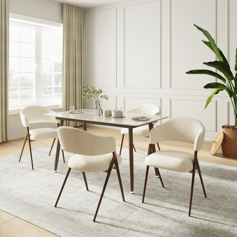 Modern Upholstered Dining Chair with Curved Backrest and Wood-Look Metal Legs, Ergonomic Design and Thick Cushion, Beige