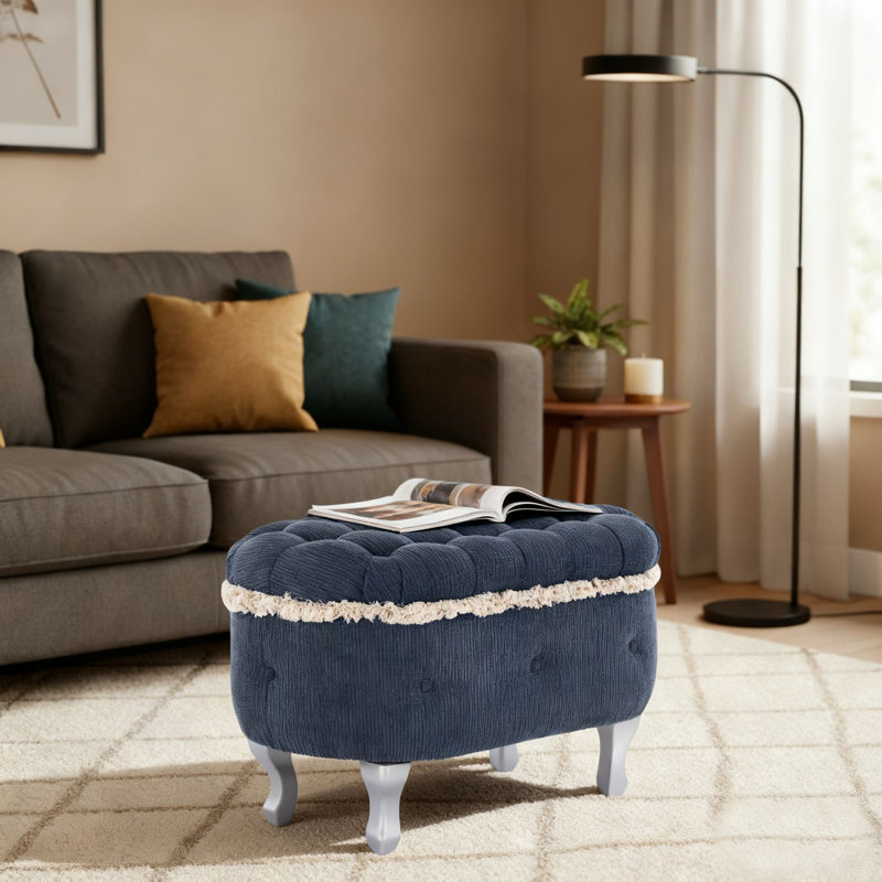 Repose-pieds de rangement moderne capitonné, repose-pieds avec compartiment caché et pieds en bois, décoration à pampille pour les couloirs, la chambre à coucher et le salon