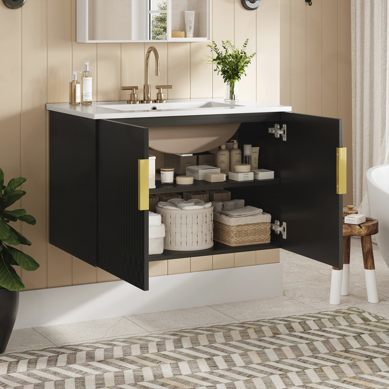 Meuble-lavabo de salle de bain avec lavabo simple en céramique à 3 trous, Noir