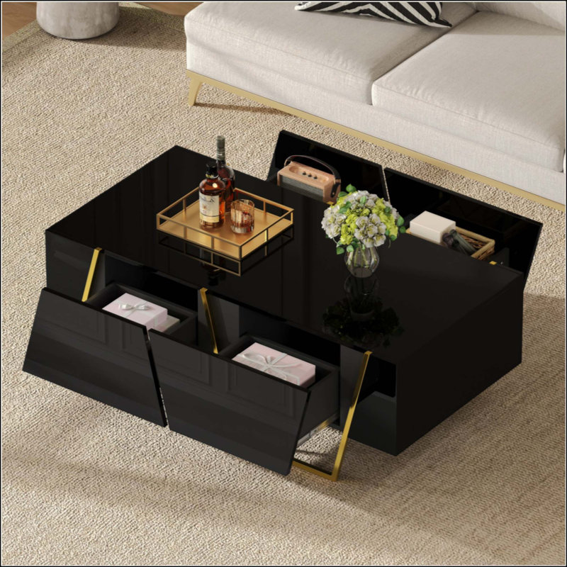 Table basse rectangulaire moderne ultrabrillante pour le salon avec rangement et base, 4 tiroirs