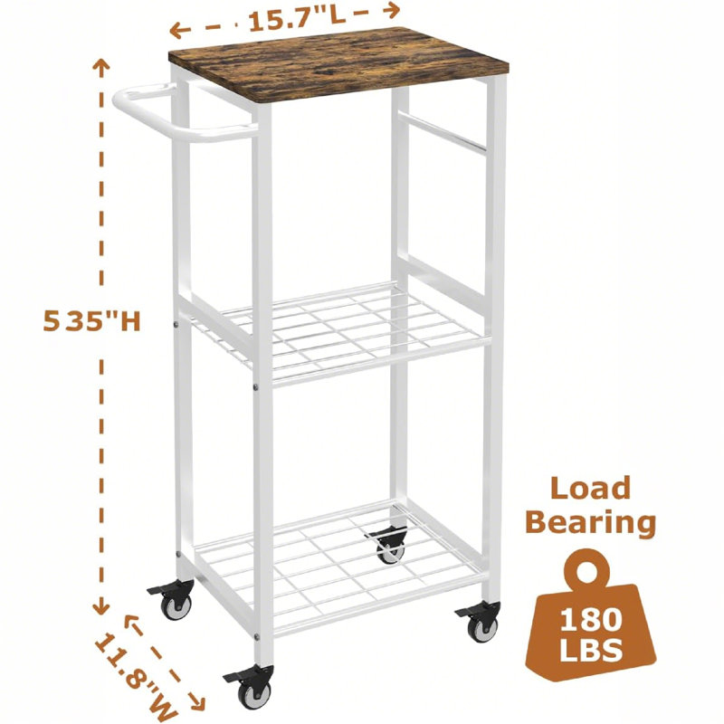 Rolling Kitchen Cart With 3-Tier Storage And Metal Handle For Small Spaces (Enhanced Organization & Style), White/Brown Wood