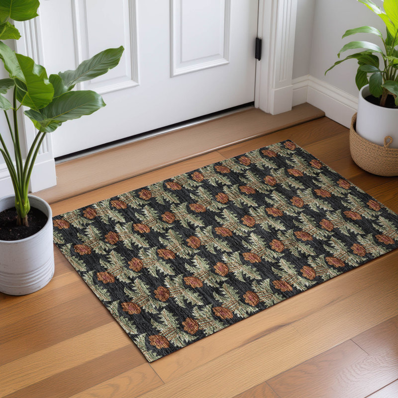 Machine Washable Indoor/Outdoor Chantille ACN2684 Floral Rug, 1'8" x 2'6", Black