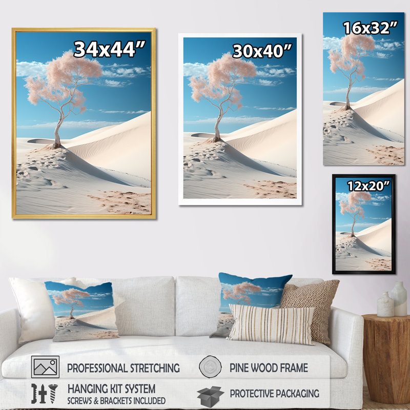Arbre sur une dune blanche sur toile, Cadre photo blanc, H 32 po x l 16 po x P 1 po