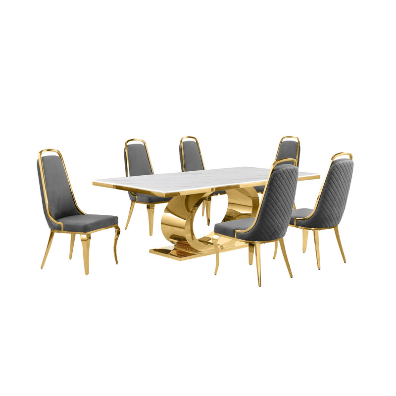 Bankston Marble Top Pedestal Dining Set, 7, Gray/Gold, Gold