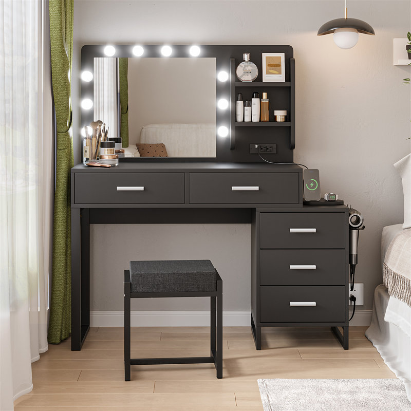 Bureau de coiffeuse avec multiprise, Noir antique
