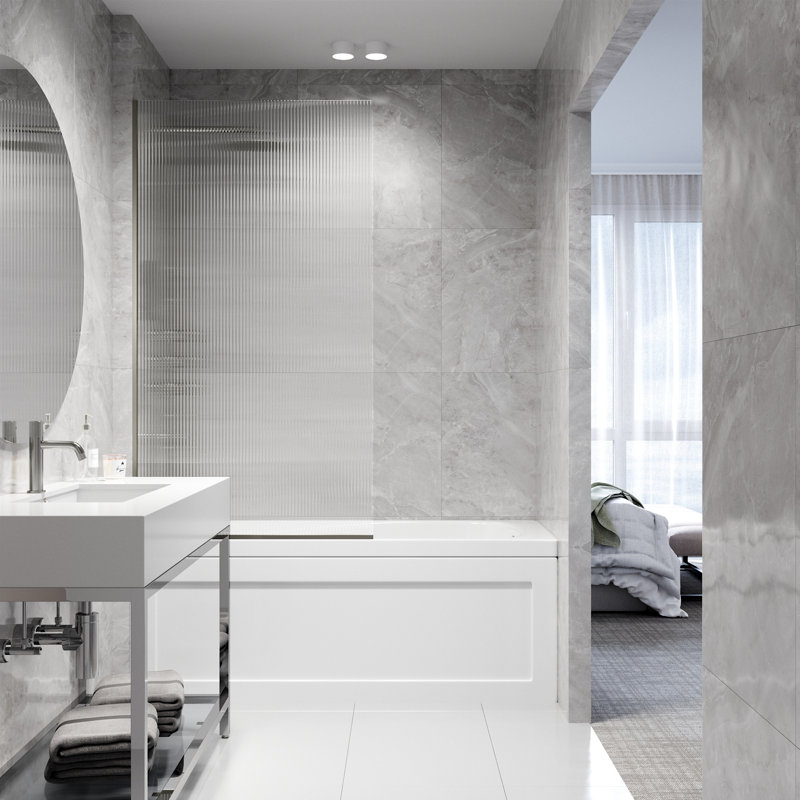 Zenith 34" W x 62" H Fixed Frameless Bathtub Screen with 3/8" Glass, Stainless Steel Clear