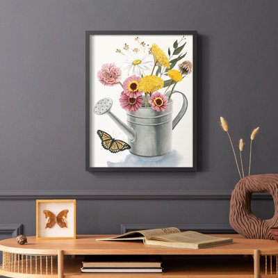 «Watering Can Bouquet I», reproduction encadrée - bois massif