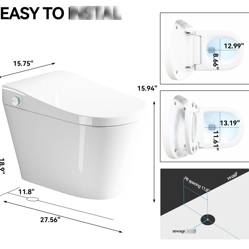 Unique One Piece Smart Bidet Toilet, Auto Close Seat, Siphonic Jet For Cleanliness, Multiple Washing Modes And Heated Seat Toilet With Bidet, Open Lid, Flushing, Warm Air Drying Led Display, White