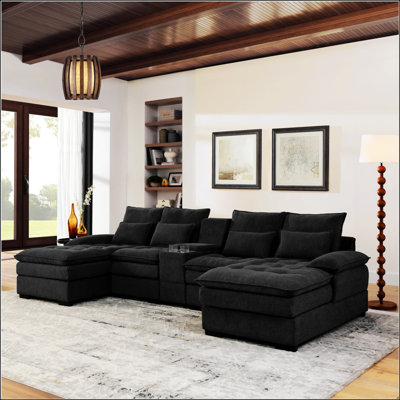 130 Inch U-shaped Sofa with Console, Cupholders, USB, 6-Seat Upholstered Living Room Furniture, Sleeper Couch Set with Chaise