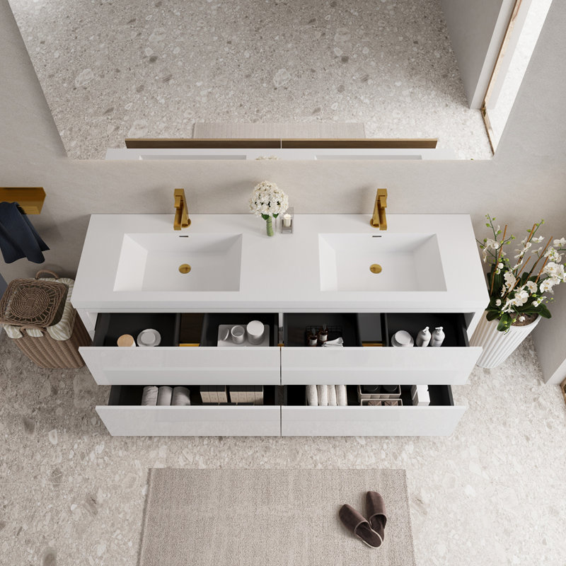 Meuble-lavabo sur pied 72 po avec lavabo, meuble-lavabo avec comptoir en résine de pierre et tiroirs à fermeture en douceur 72 po