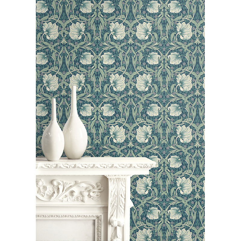 Papier peint à motif floral L 18 pi x l 27 po Pimpernel, Bleu sarcelle / grès
