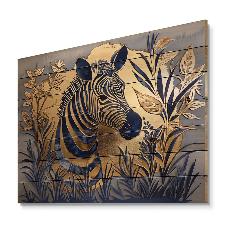 «Golden Aqua Zebra Portrait I», impression sur bois doré moderne sur bois de pin naturel, H 30 po x l 40 po