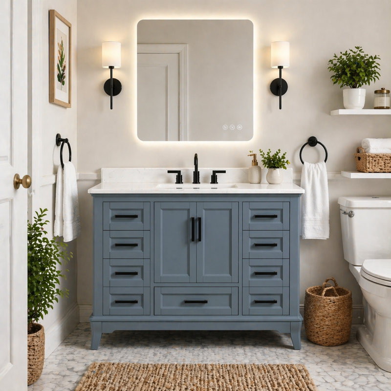 Meuble-lavabo autoportant avec comptoir en quartz, Bleu acier, 49"