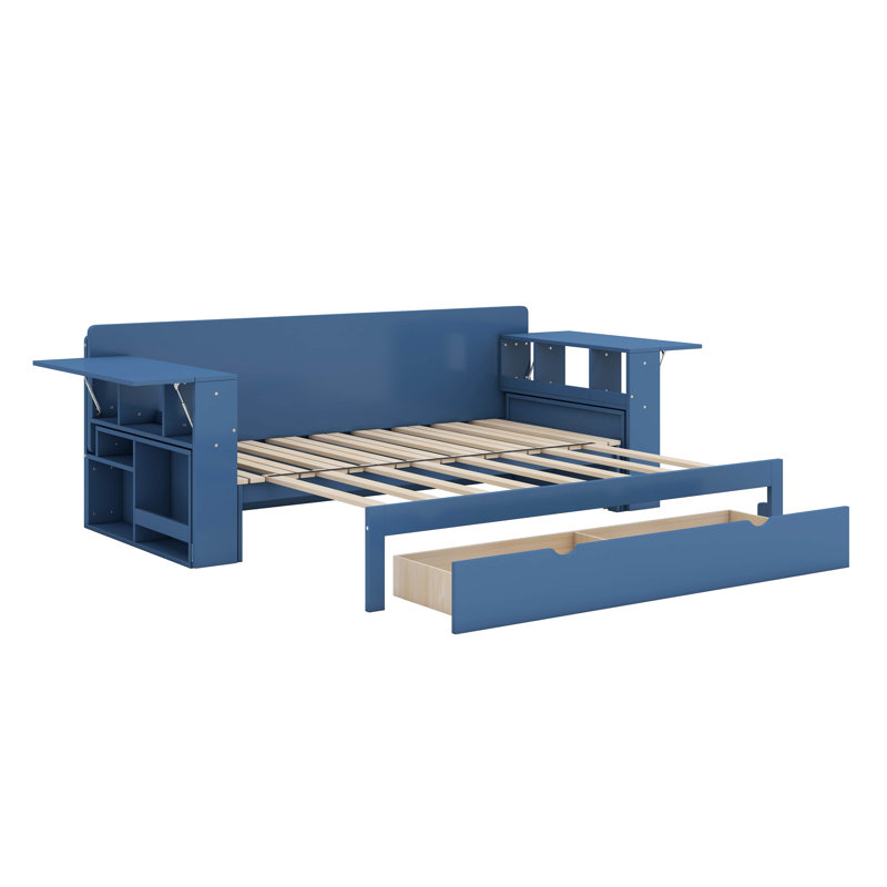 Queen Size Daybed With Removable Desk, Storage Drawers And Hydraulic Side Table, Blue, Queen