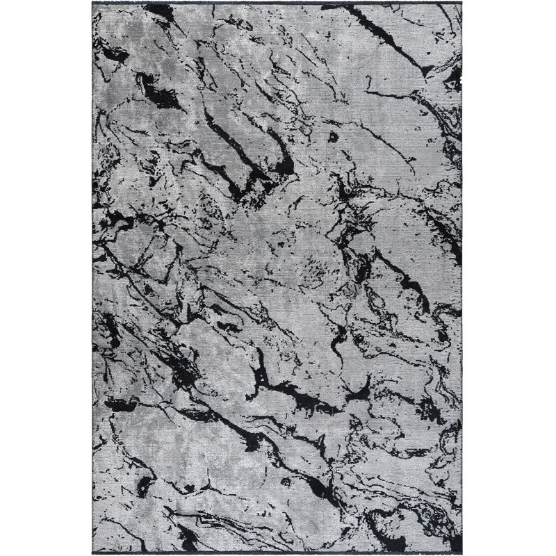 Tapis gris argenté / noir à tissage plat abstrait Rapture, Rectangle 7 pi 10 po x 11 pi 2 po