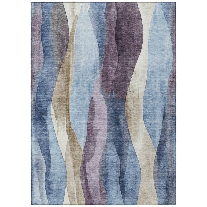 3' X 5' Denim Blue And Purple Abstract Washable Indoor Outdoor Area Rug