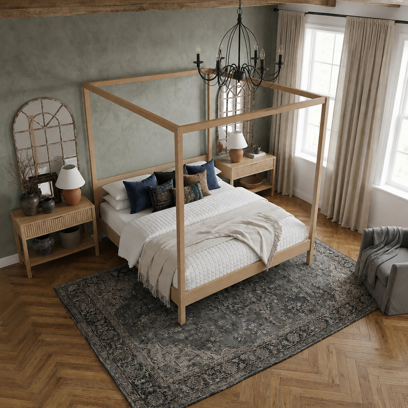 Structure de lit à baldaquin en bois de pin naturel avec base à lattes, lit à baldaquin minimaliste moderne, aucun sommier nécessaire, très grand