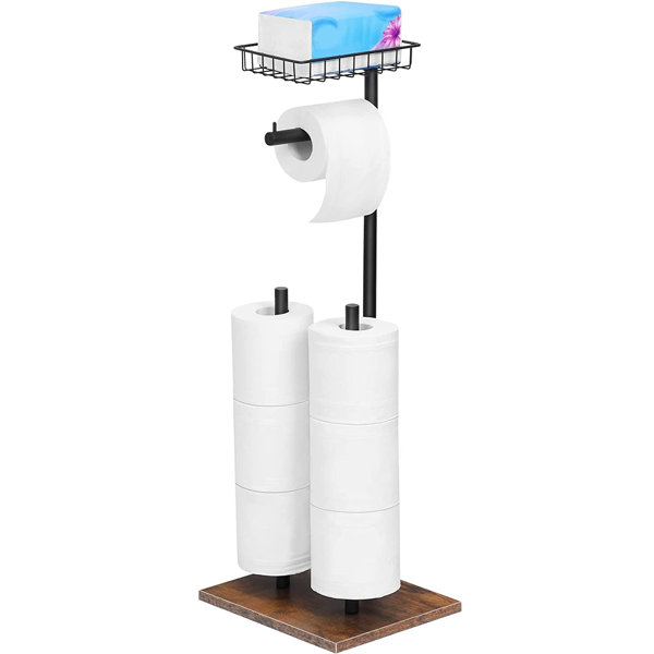 Toilet Paper Holder Stand, Bathroom Toilet Tissue Paper Roll Storage Holder  with Shelf and Reserve for Bathroom Storage Holds Wipe, Toilet paper holder  with shelves,Mobile Phone, Mega Rolls, Black