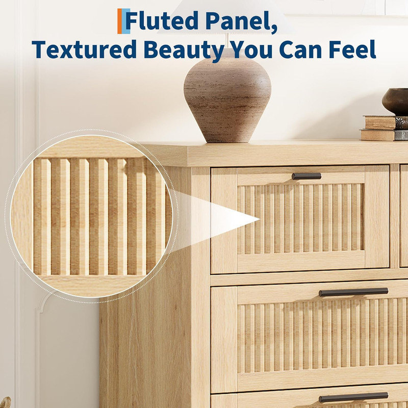 Commode cannelée en bois avec commode à 7 tiroirs, l 47,4 po avec 5 tiroirs pour la chambre à coucher, Crème, crème