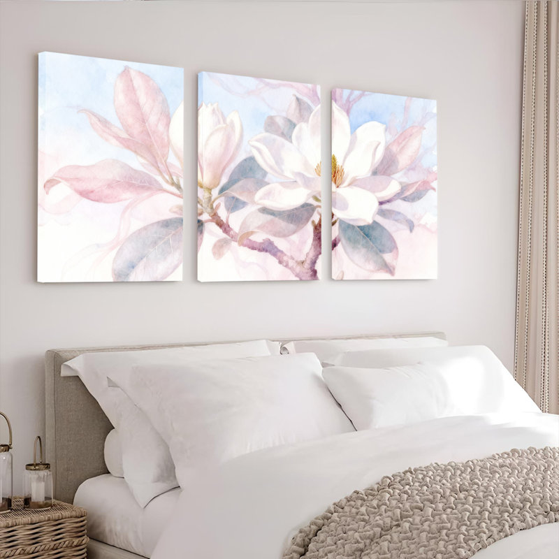 Magnolia fleur aquarelle sur toile tendue ensemble de 3 pour le salon chambre à coucher, H 18 po x l 36 po