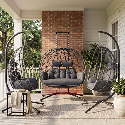 Lushcanopy 3-Piece Outdoor Wicker Swing Set, Egg Porch Swing Chair With Cushions For Patio And Backyard