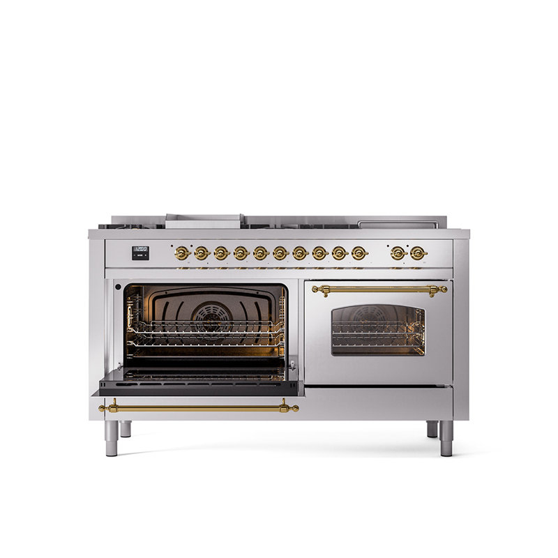 ILVE Nostalgie II 60 Dual Fuel Range, 5 Burners, Griddle, Frenchtop , Stainless Steel/Brass, Natural Gas