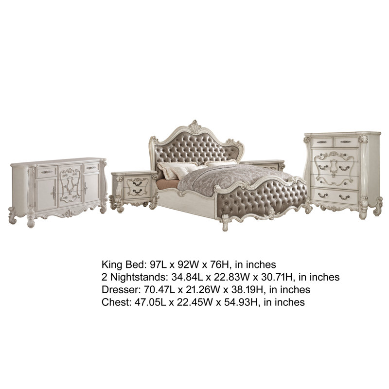Ensemble de chambre à coucher King, gris et blanc, 5 pièces avec 2 tables de chevet, une commode et un chiffonnier.
