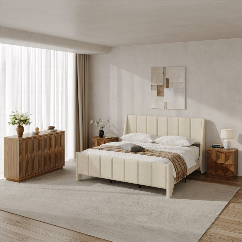 Modern Minimalist Upholstered Wingback Bed, Queen