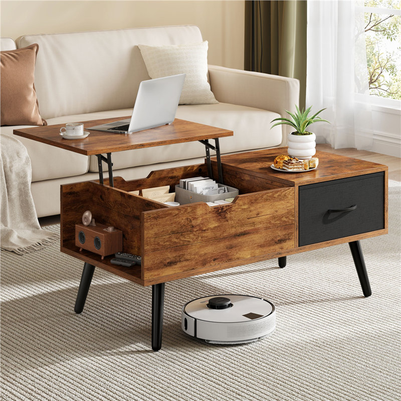 Table basse à plateau relevable de 39,5 po avec compartiment caché et tiroir, Brun rustique / noir
