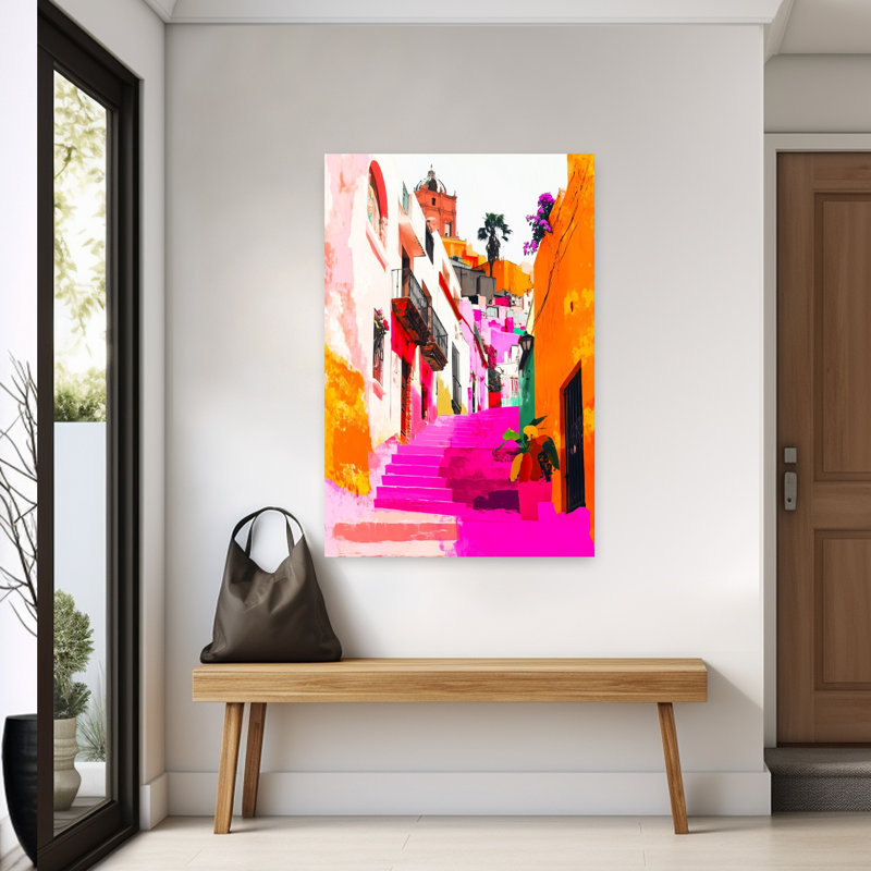 Vibrant Pink City Steps Colorful Vibrant Abstract Architecture City Wall Art Print 1 Piece Wrapped Canvas Wall Art