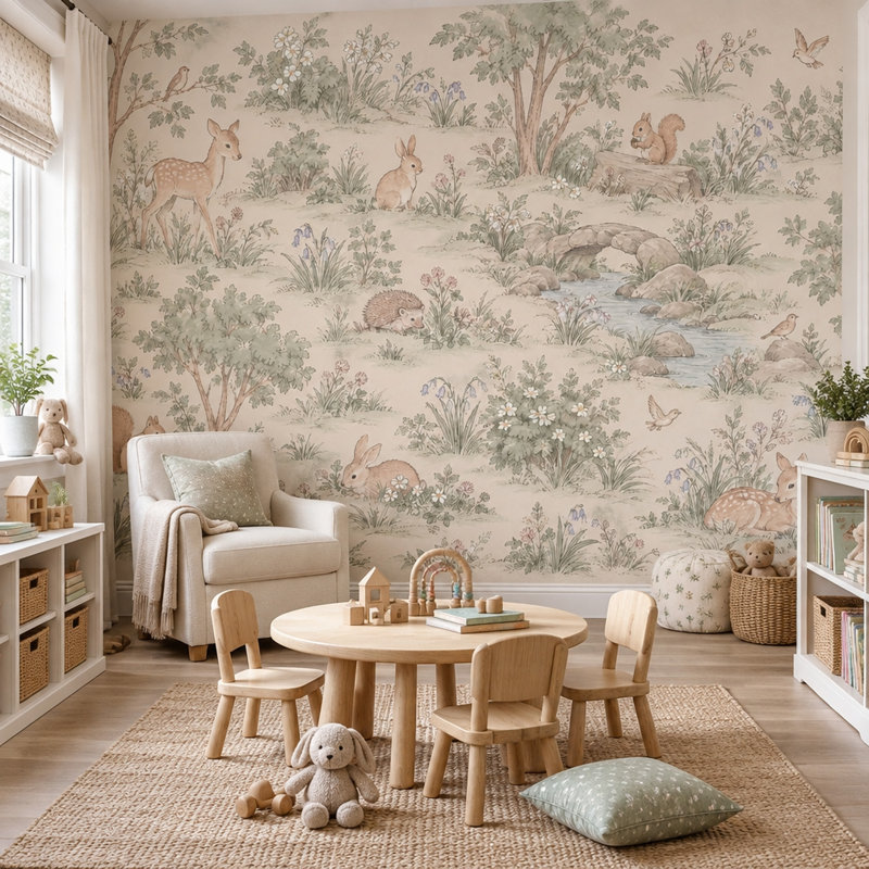 Papier peint mural vintage crème à motifs d'animaux de la forêt, 120 po x 96 po, Non tissé