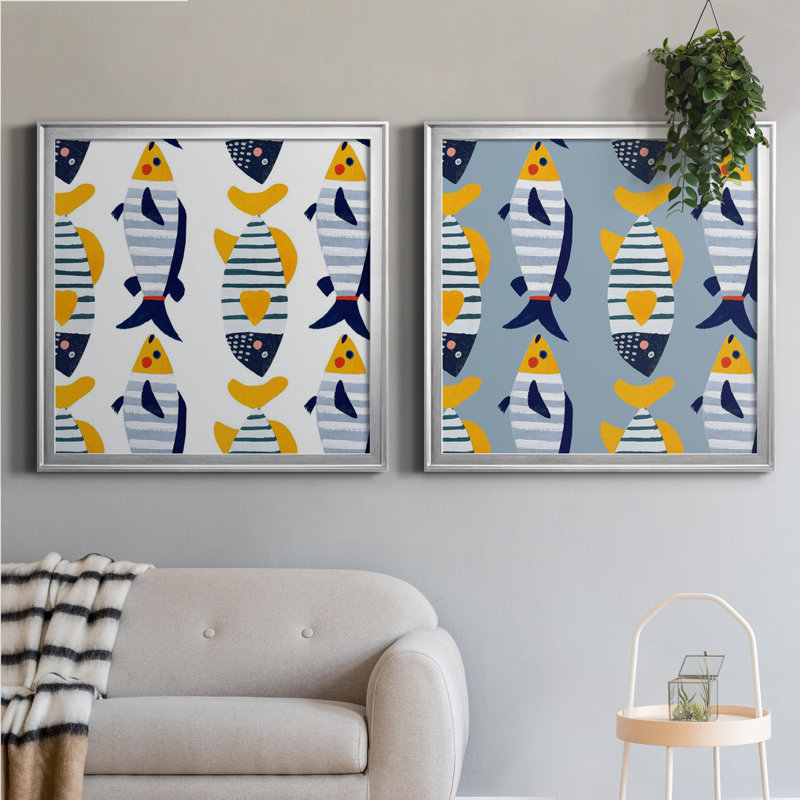 "Patterned Fish Collection H", ensemble de 2 impressions encadrées, Toile encadrée argentée, H 34,5 po x l 69 po x P 1,5 po