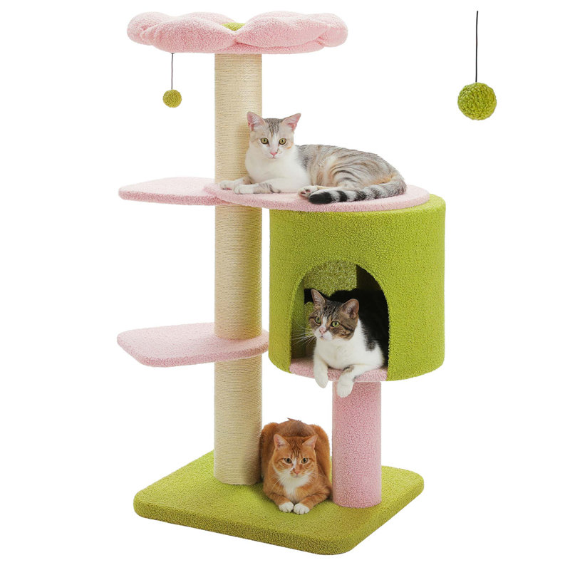 48" Cat Tree Tower With Fully-Wrapped Scratching Posts, Multi-Level Cat Condo, Perch & Hammocks, Pink