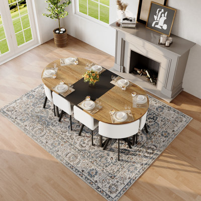Ensemble de table de salle à manger 9 pièces ovale, plateau de table fixe à deux tons grain de bois et triamine de grain de bois noir avec 8 chaises en cuir de polyuréthane blanc, ensemble de table de cuisine moderne pour 8 personnes, idéal pour les réunions de famille