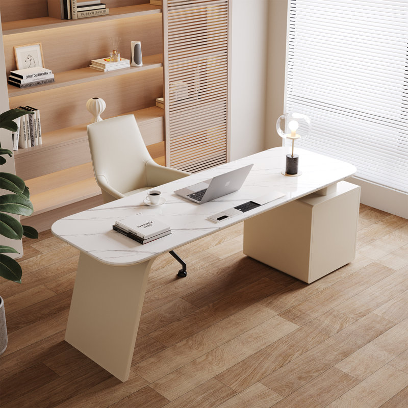 Luxury Marble Top Executive Desk With 3 Drawers And Multi-Outlet Hub For Efficient Home Office, 29.5" H x 63" W x 27.5" D
