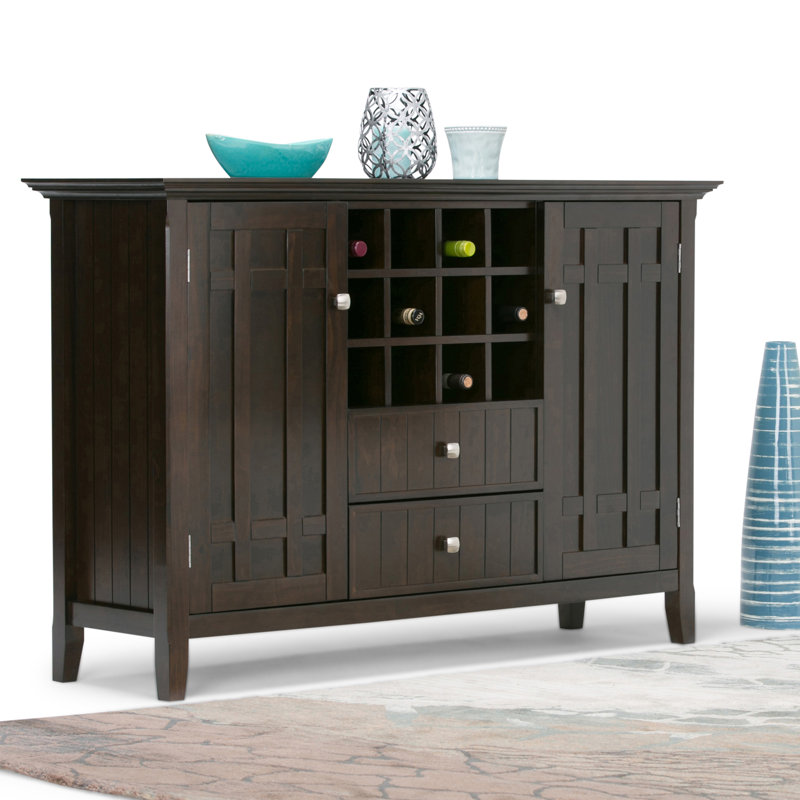 Bedford 54"W Solid Wood Transitional 3-Door Sideboard Buffet with Wine Rack and Adjustable Shelves, Dark Tobacco Brown